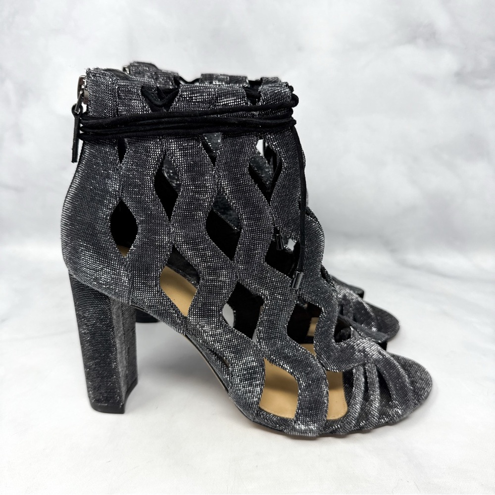Alexandre Birman Loretta Metallic Caged Block Heel Sandal Booties Silver 38.5 - Picture 5 of 14